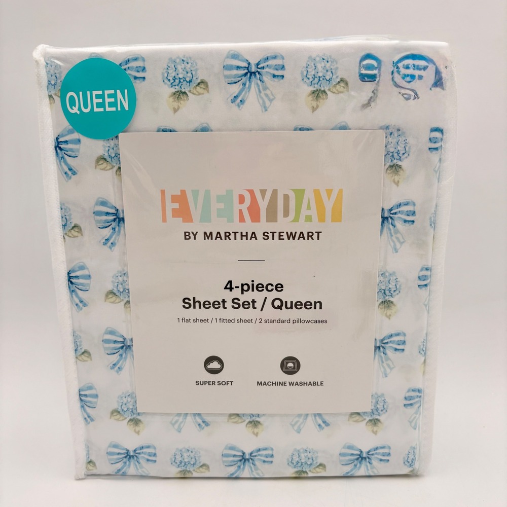 Martha Stewart Everyday Queen 4 Piece Sheet Set Donna Bow Blue Hydrangea Floral
